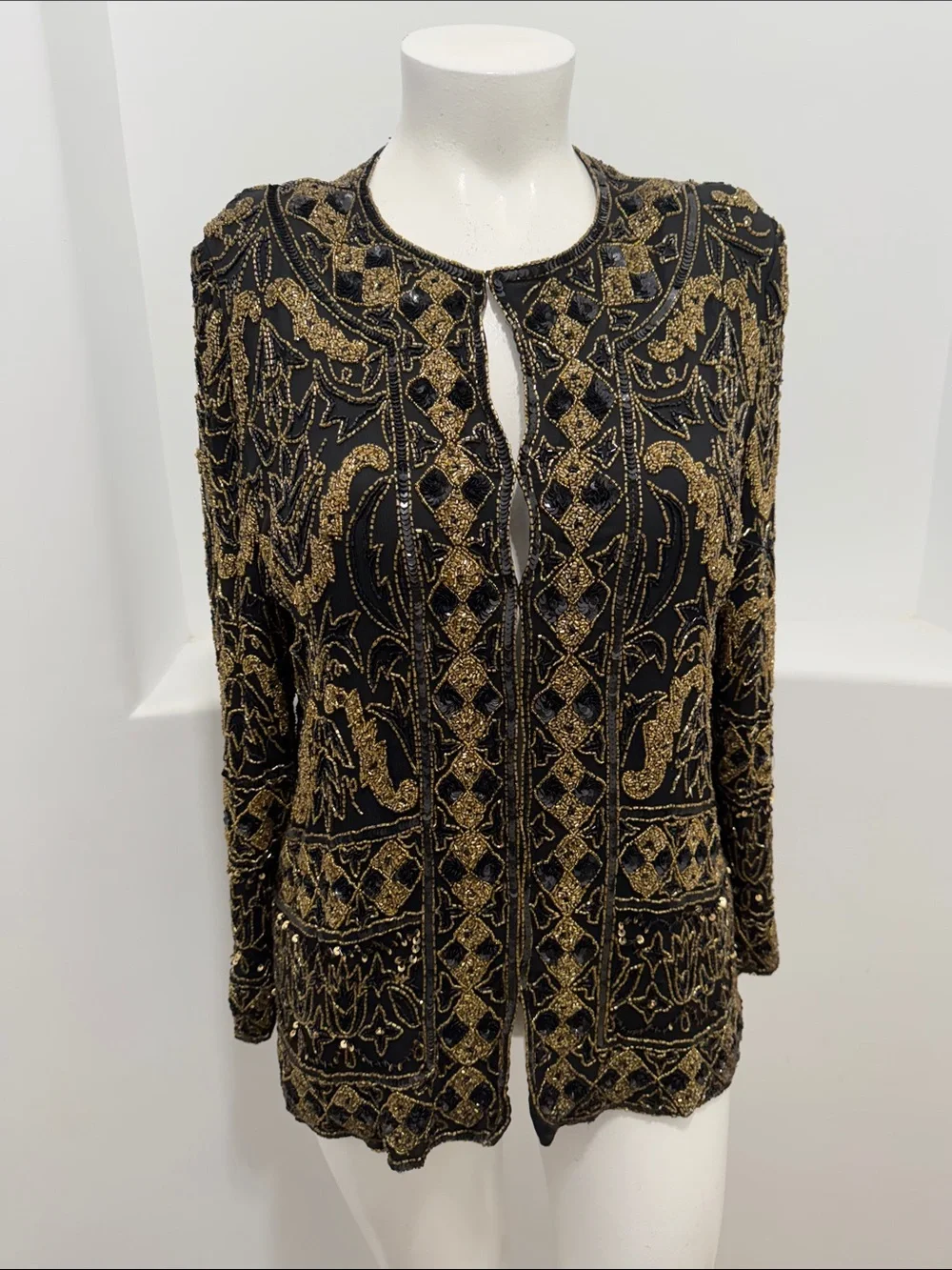 HI FASHIONS of California Vintage Beaded Black Gold Sequin Evening Jacket 3X